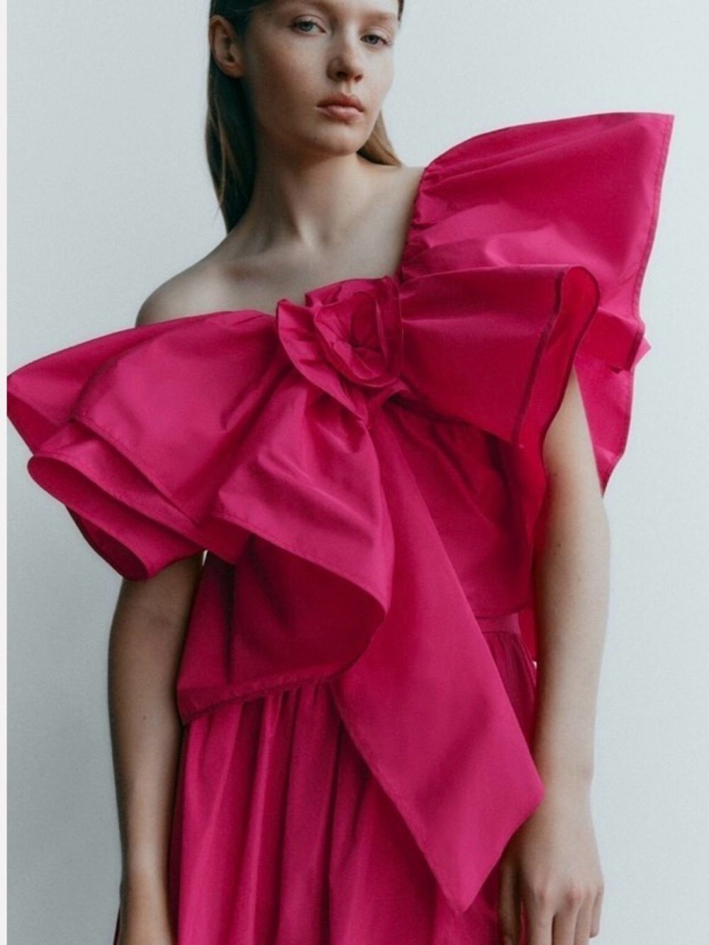 Zara Fuchsia One-Shoulder Ruffle Bow Top